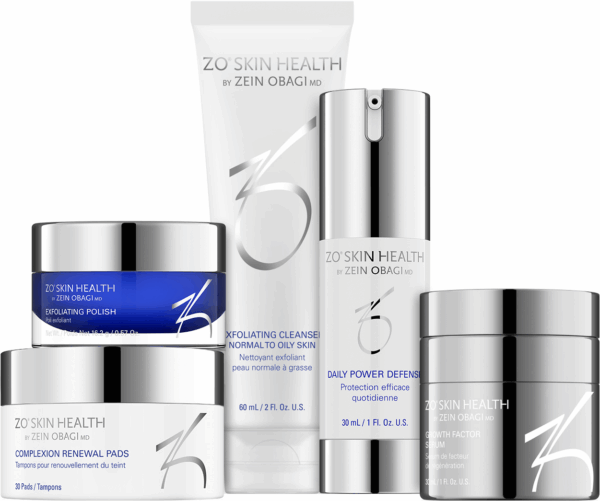 Zestaw produktów do pielęgnacji skóry ZO Skin Health by Zein Obagi — biało-srebrna tubka oczyszczająca, wysoka srebrna butelka z pompką (Daily Power Defense), niebiesko-srebrny słoiczek Exfoliating Polish oraz dwa srebrne pojemniki z Complexion Renewal Pads i Growth Factor Serum ułożone razem na białym tle.
